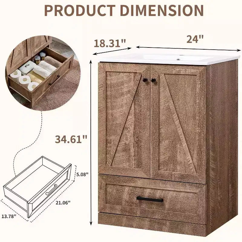 Mobile Bagno Stile Farmhouse da 24 Pollici con Lavabo e Ampio Cassetto Contenitore