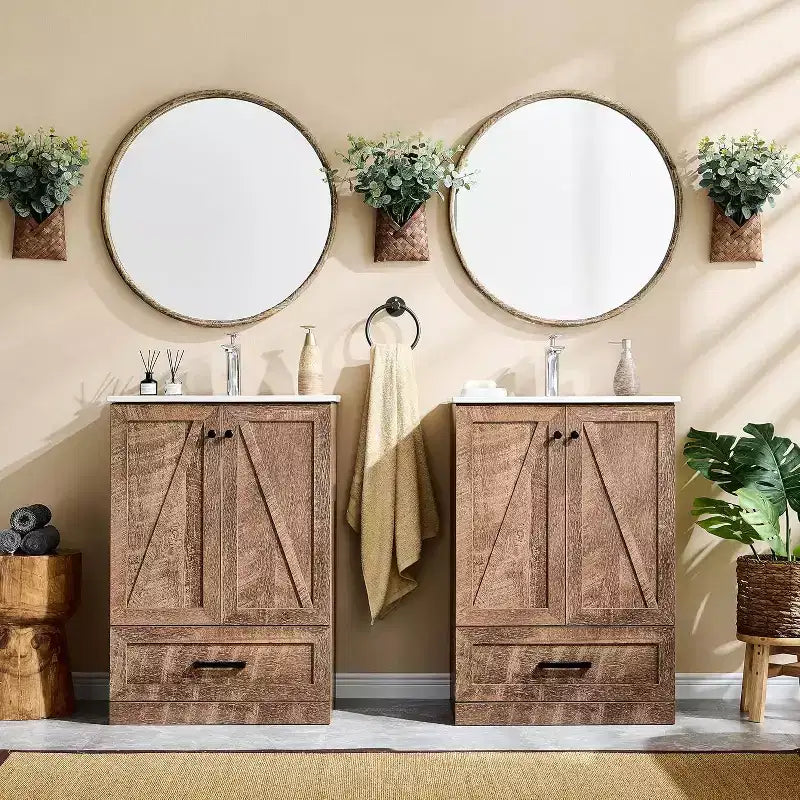 Mobile Bagno Stile Farmhouse da 24 Pollici con Lavabo e Ampio Cassetto Contenitore