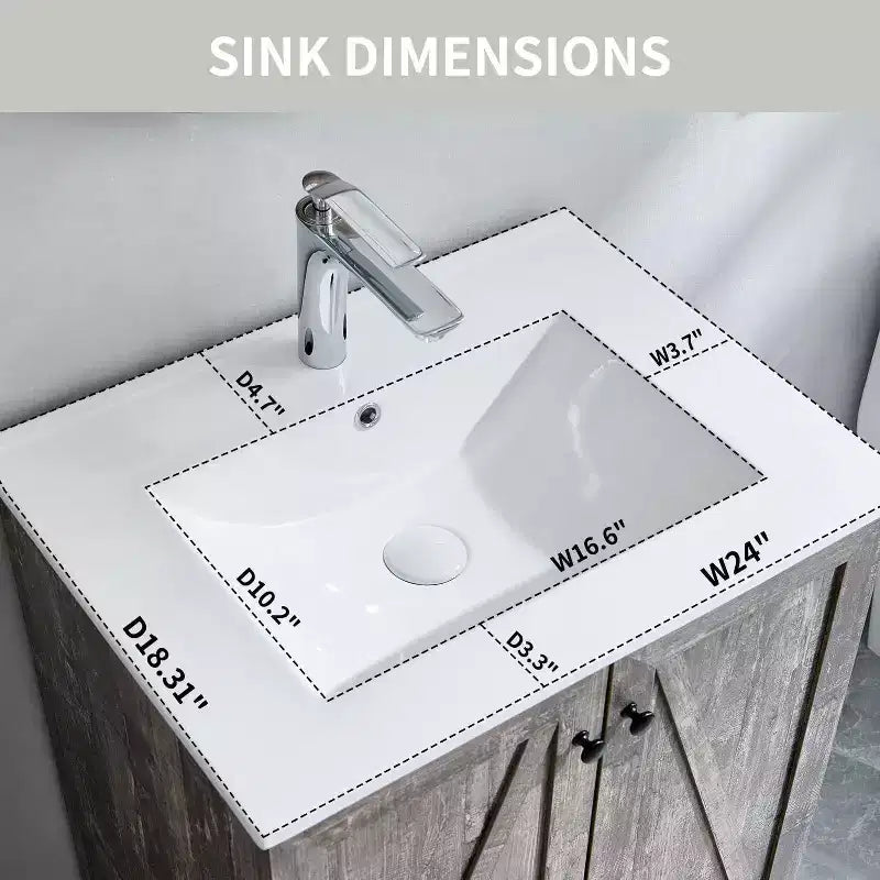 Mobile Bagno Stile Farmhouse da 24 Pollici con Lavabo e Ampio Cassetto Contenitore