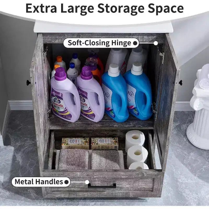 Mobile Bagno Stile Farmhouse da 24 Pollici con Lavabo e Ampio Cassetto Contenitore