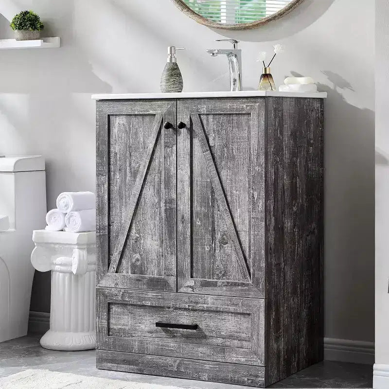 Mobile Bagno Stile Farmhouse da 24 Pollici con Lavabo e Ampio Cassetto Contenitore