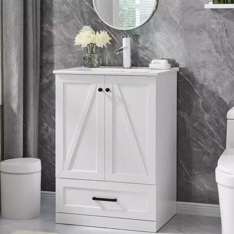 Mobile Bagno Stile Farmhouse da 24 Pollici con Lavabo e Ampio Cassetto Contenitore