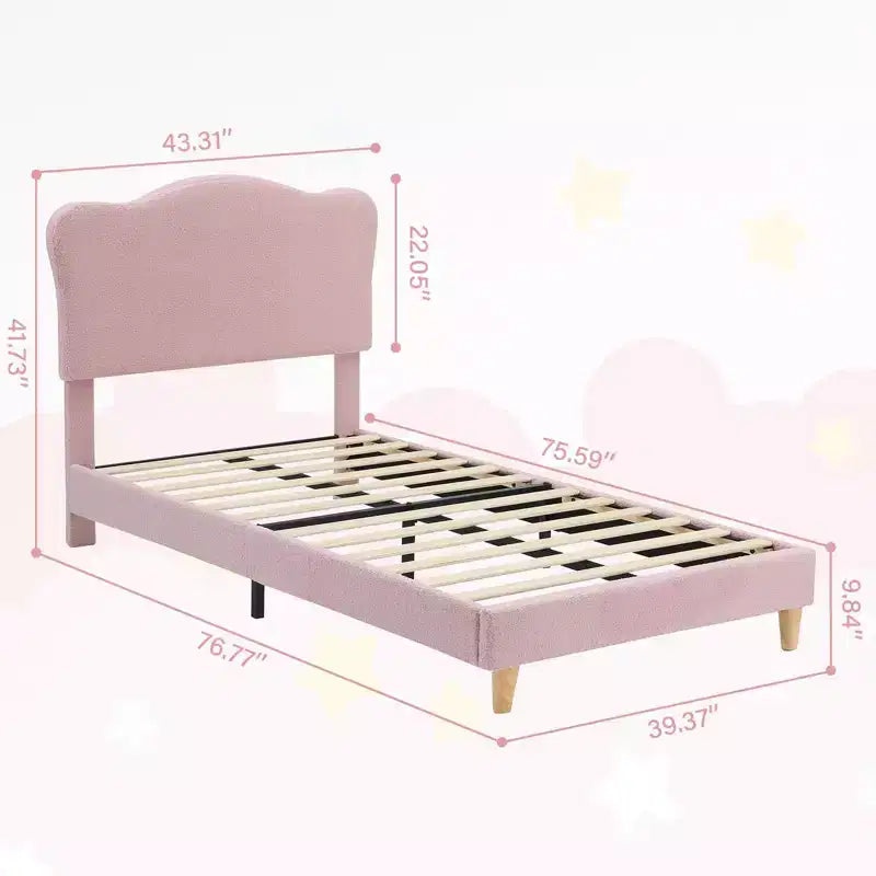 Struttura letto singolo imbottita per bambini con testiera a conchiglia, velluto, rosa