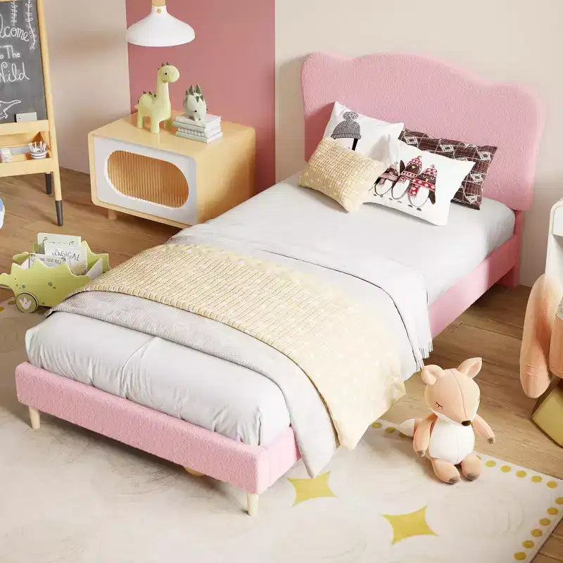 Struttura letto singolo imbottita per bambini con testiera a conchiglia, velluto, rosa