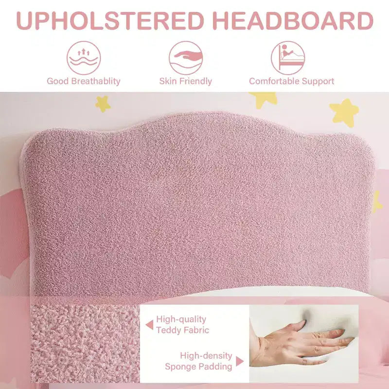 Struttura letto singolo imbottita per bambini con testiera a conchiglia, velluto, rosa