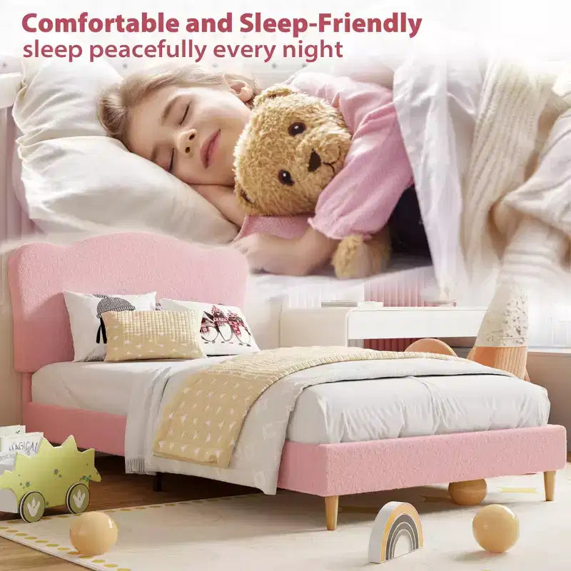 Struttura letto singolo imbottita per bambini con testiera a conchiglia, velluto, rosa