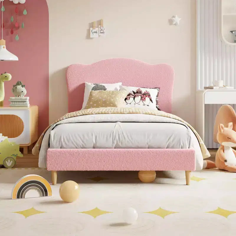 Struttura letto singolo imbottita per bambini con testiera a conchiglia, velluto, rosa
