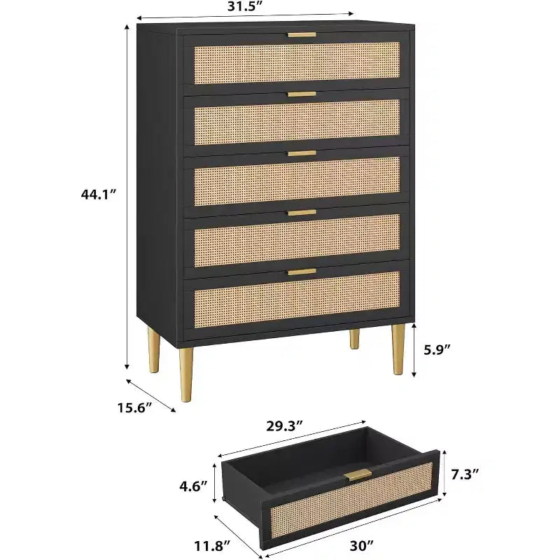 Cassettiera a 5 cassetti in rattan, mobile contenitore in legno stile rustico da 44 pollici con gambe in metallo