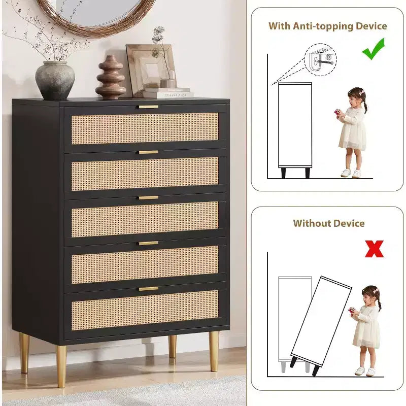 Cassettiera a 5 cassetti in rattan, mobile contenitore in legno stile rustico da 44 pollici con gambe in metallo