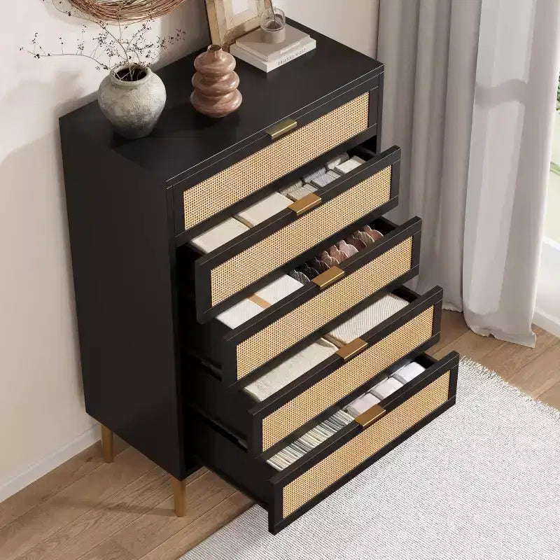 Cassettiera a 5 cassetti in rattan, mobile contenitore in legno stile rustico da 44 pollici con gambe in metallo