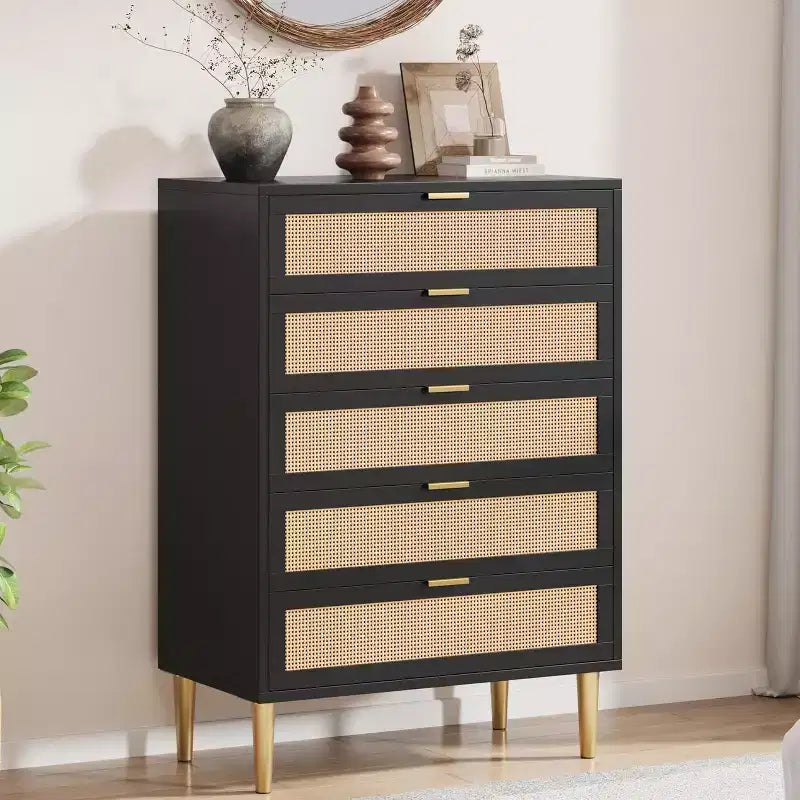 Cassettiera a 5 cassetti in rattan, mobile contenitore in legno stile rustico da 44 pollici con gambe in metallo