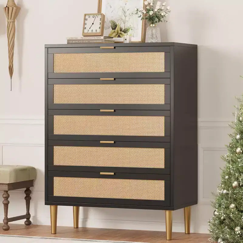 Cassettiera a 5 cassetti in rattan, mobile contenitore in legno stile rustico da 44 pollici con gambe in metallo