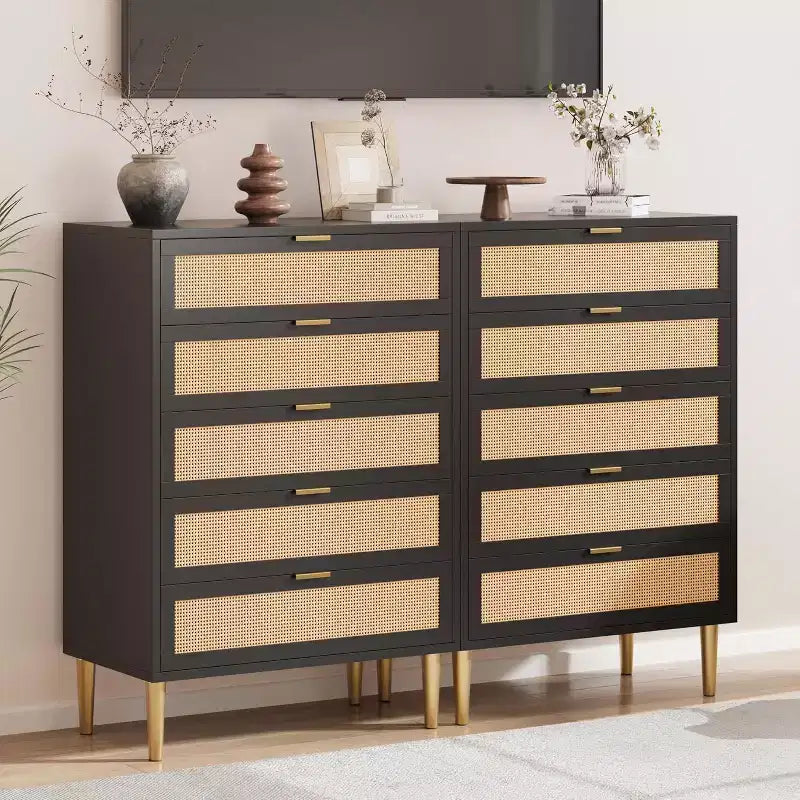 Cassettiera a 5 cassetti in rattan, mobile contenitore in legno stile rustico da 44 pollici con gambe in metallo