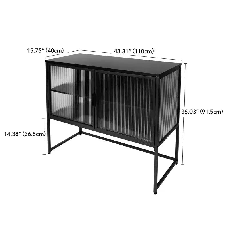 Credenza Moderna con Ante in Vetro, Struttura in Metallo, Doppio Strato, Mobile Autoportante, Adatto per Soggiorno, Cucina, Nero