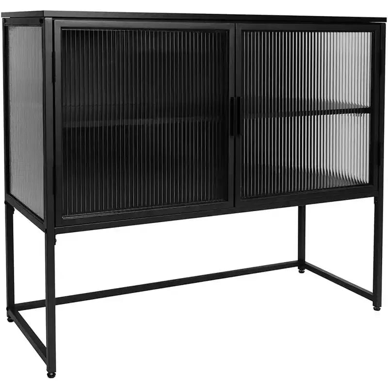 Credenza Moderna con Ante in Vetro, Struttura in Metallo, Doppio Strato, Mobile Autoportante, Adatto per Soggiorno, Cucina, Nero