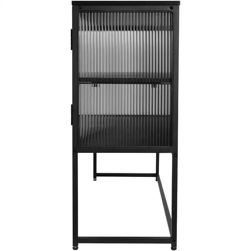 Credenza Moderna con Ante in Vetro, Struttura in Metallo, Doppio Strato, Mobile Autoportante, Adatto per Soggiorno, Cucina, Nero
