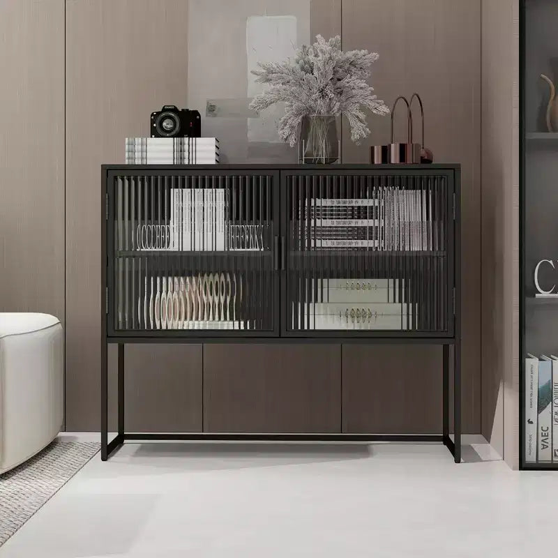 Credenza Moderna con Ante in Vetro, Struttura in Metallo, Doppio Strato, Mobile Autoportante, Adatto per Soggiorno, Cucina, Nero