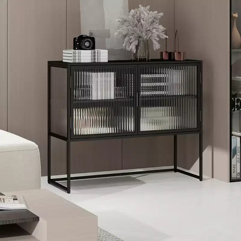 Credenza Moderna con Ante in Vetro, Struttura in Metallo, Doppio Strato, Mobile Autoportante, Adatto per Soggiorno, Cucina, Nero