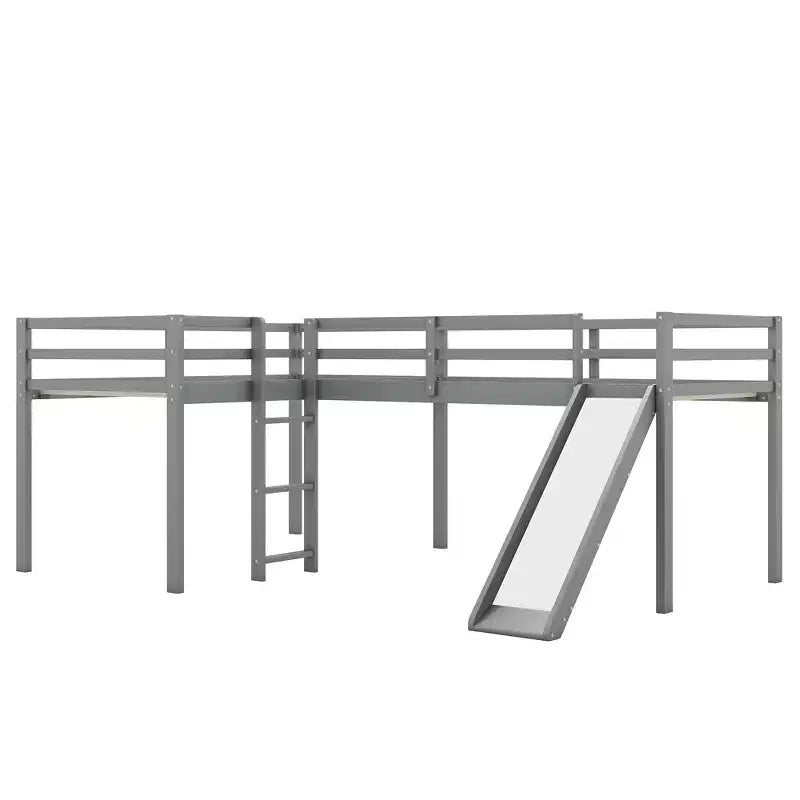 Letto a soppalco doppio a L "twin size" con scivolo e spondina a tutta lunghezza per bambini