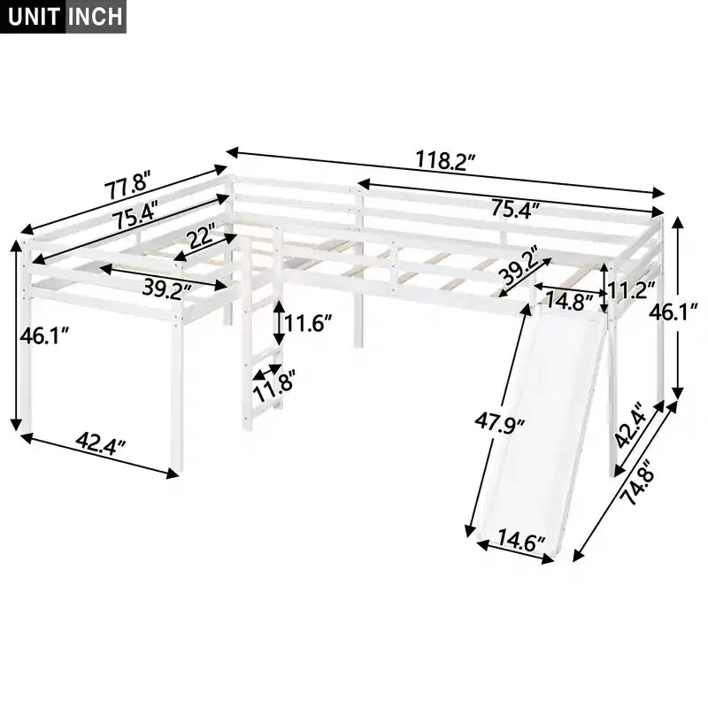 Letto a soppalco doppio a L "twin size" con scivolo e spondina a tutta lunghezza per bambini