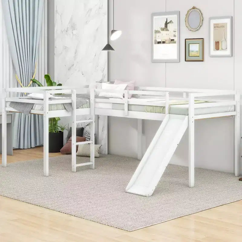 Letto a soppalco doppio a L "twin size" con scivolo e spondina a tutta lunghezza per bambini