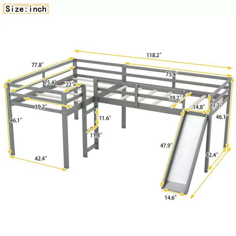 Letto a soppalco doppio a L "twin size" con scivolo e spondina a tutta lunghezza per bambini