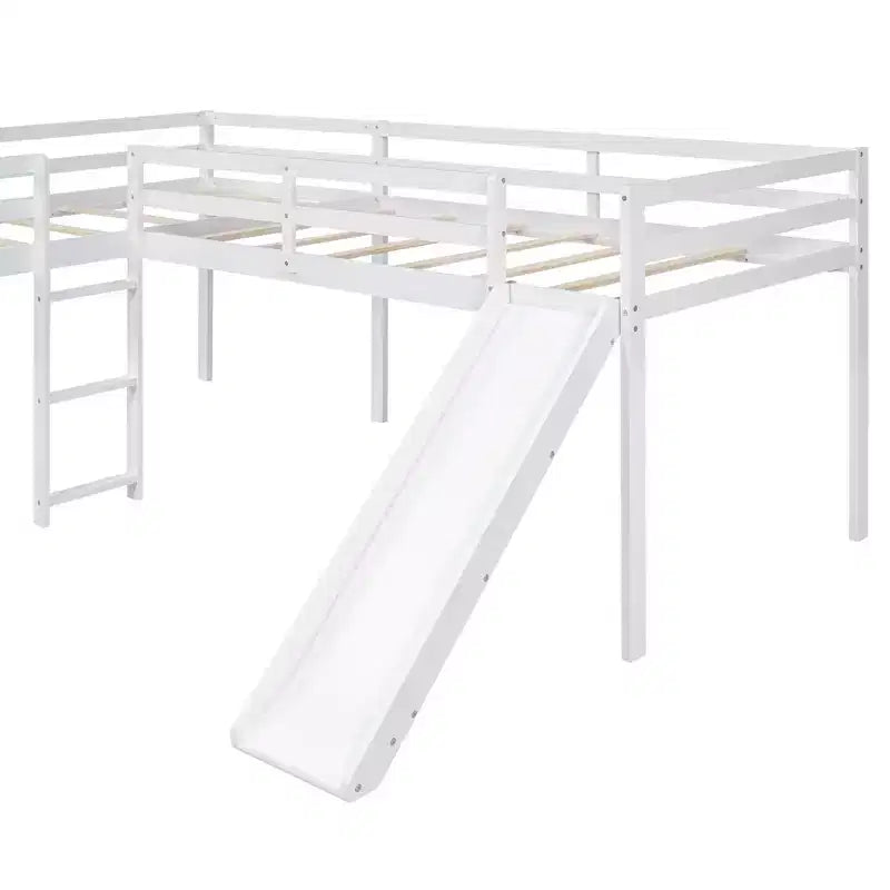 Letto a soppalco doppio a L "twin size" con scivolo e spondina a tutta lunghezza per bambini