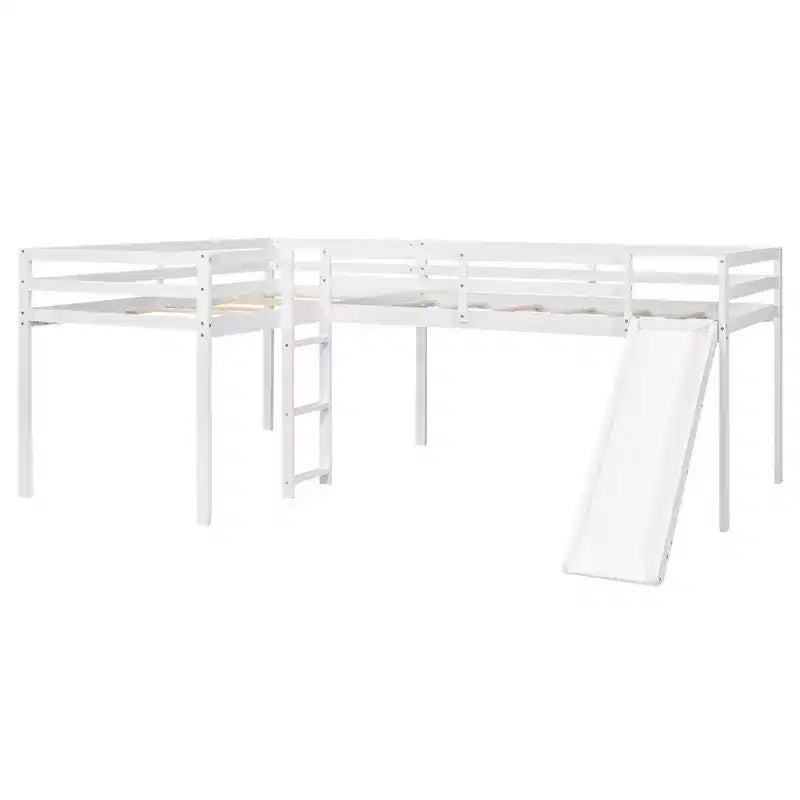 Letto a soppalco doppio a L "twin size" con scivolo e spondina a tutta lunghezza per bambini