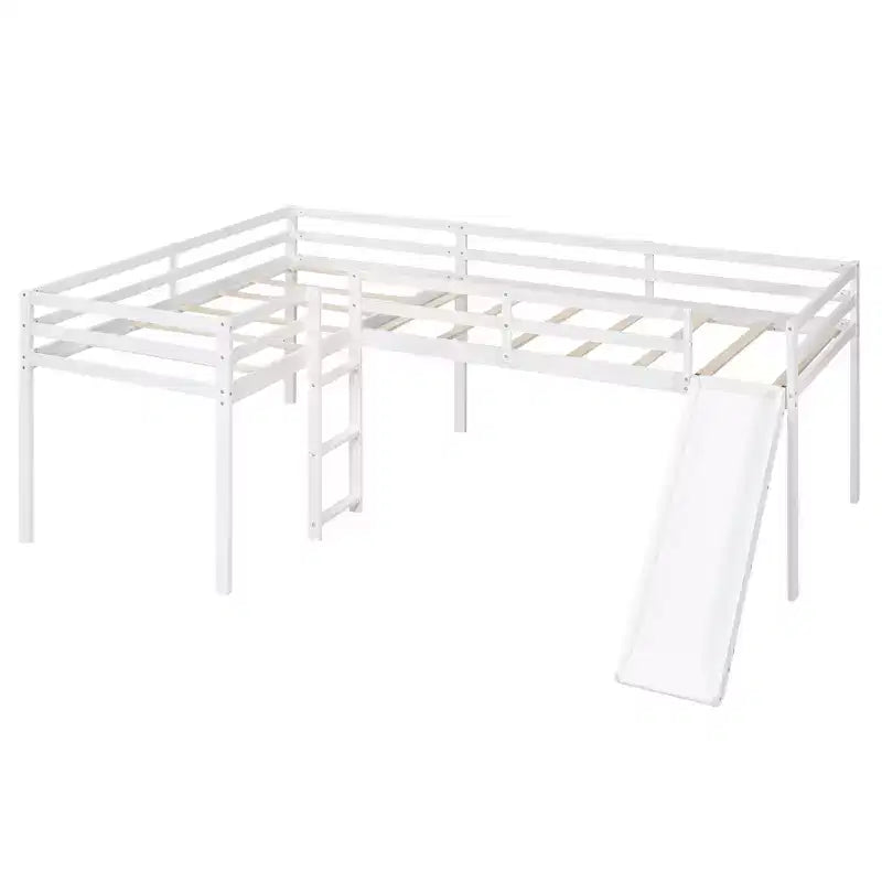 Letto a soppalco doppio a L "twin size" con scivolo e spondina a tutta lunghezza per bambini