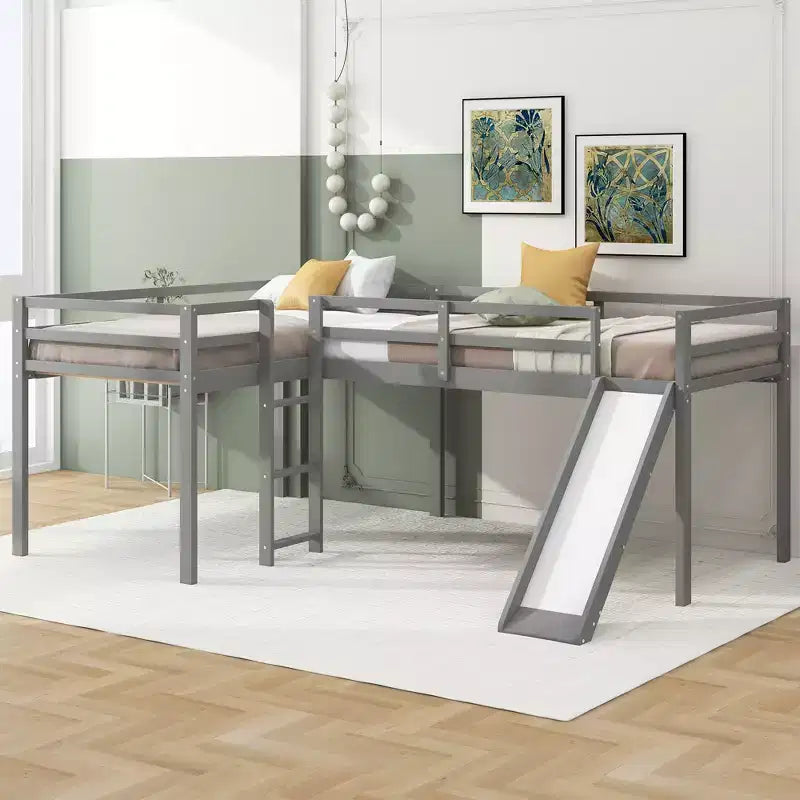 Letto a soppalco doppio a L "twin size" con scivolo e spondina a tutta lunghezza per bambini