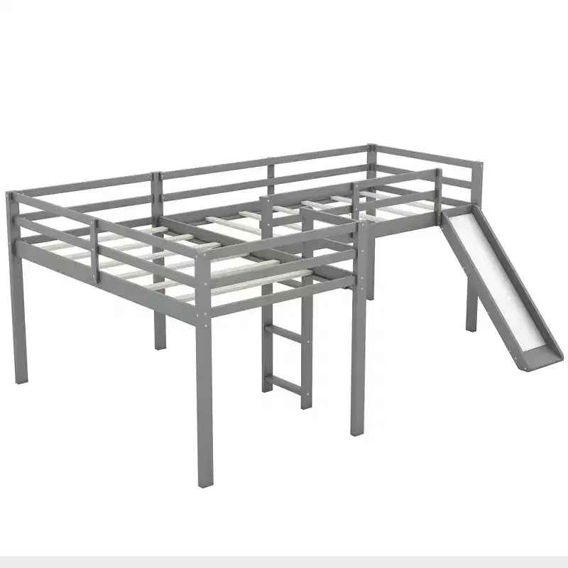 Letto a soppalco doppio a L "twin size" con scivolo e spondina a tutta lunghezza per bambini