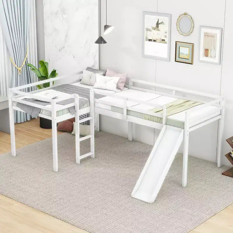 Letto a soppalco doppio a L "twin size" con scivolo e spondina a tutta lunghezza per bambini