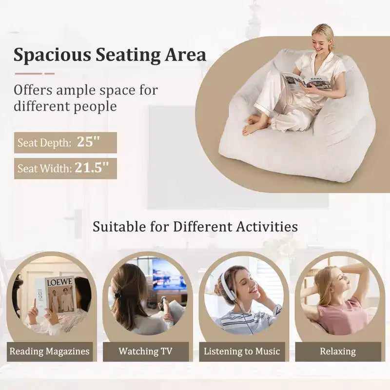Poltrona Sacco per Adulti, Divano Pigro in Peluche con Rivestimento in Velluto Ultra Morbido, Beige