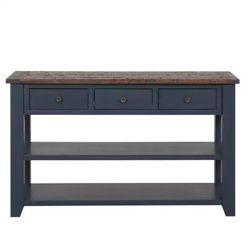 Tavolo Consolle da 48 Pollici con Piano in Legno Massello, 3 Cassetti e 2 Ripiani, Blu