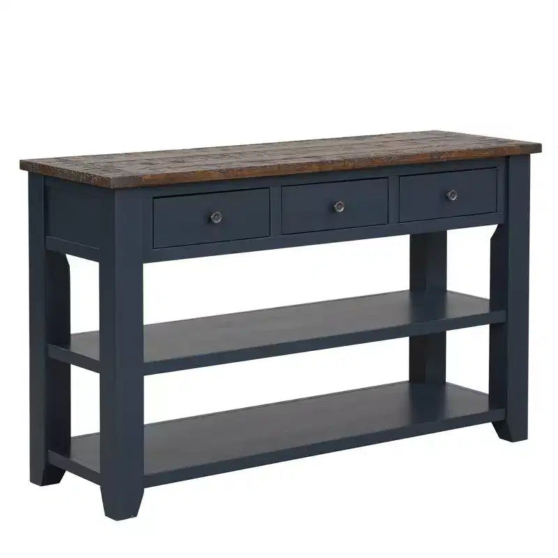 Tavolo Consolle da 48 Pollici con Piano in Legno Massello, 3 Cassetti e 2 Ripiani, Blu