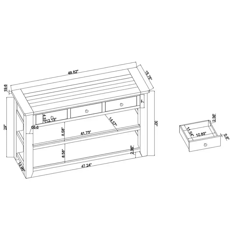 Tavolo Consolle da 48 Pollici con Piano in Legno Massello, 3 Cassetti e 2 Ripiani, Blu
