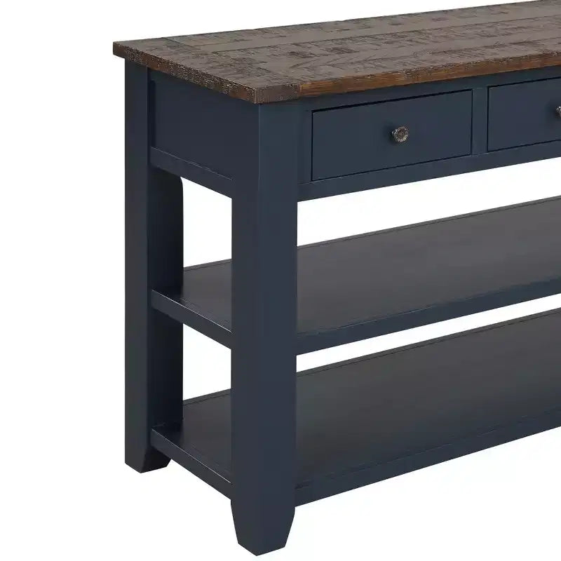 Tavolo Consolle da 48 Pollici con Piano in Legno Massello, 3 Cassetti e 2 Ripiani, Blu