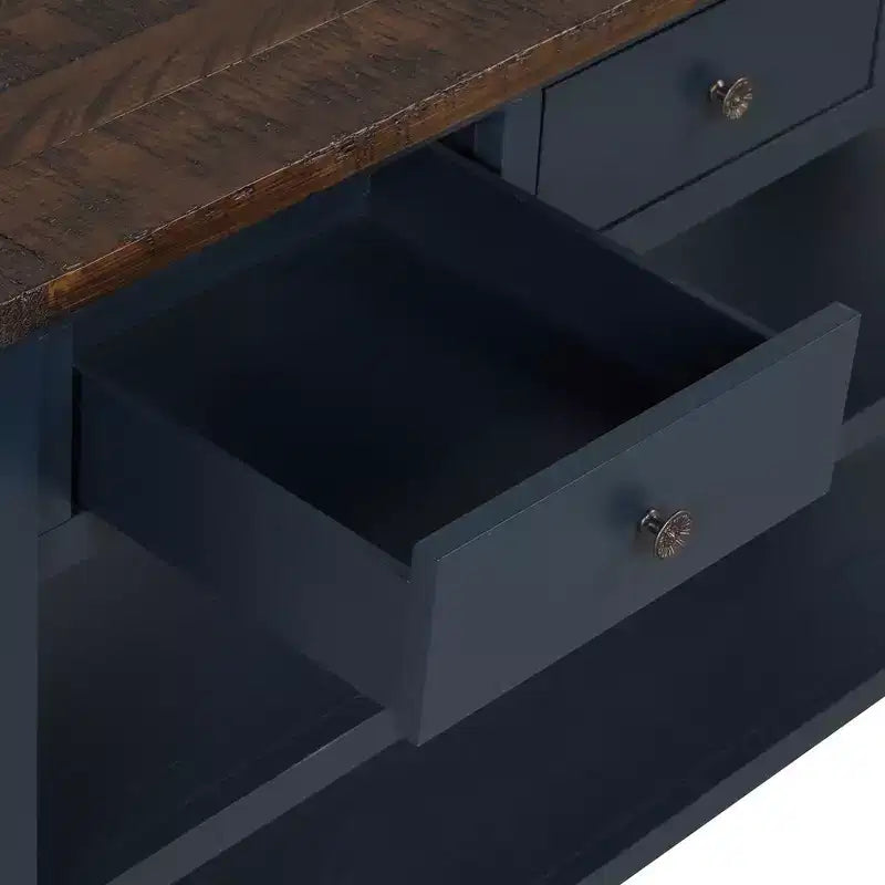 Tavolo Consolle da 48 Pollici con Piano in Legno Massello, 3 Cassetti e 2 Ripiani, Blu
