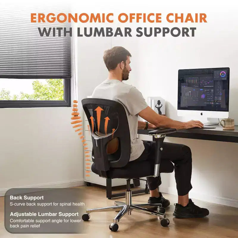 Sedia da ufficio girevole ergonomica moderna in rete con braccioli e supporto lombare