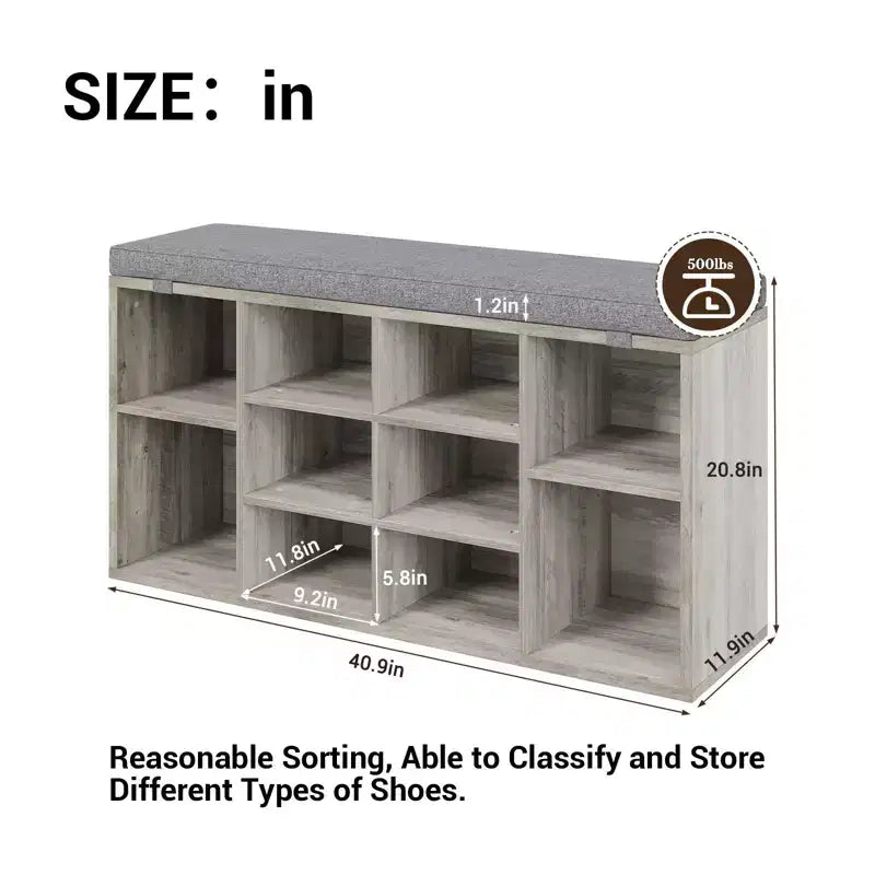 Panca porta scarpe da 104 cm con 10 scomparti, cuscino e tasca laterale