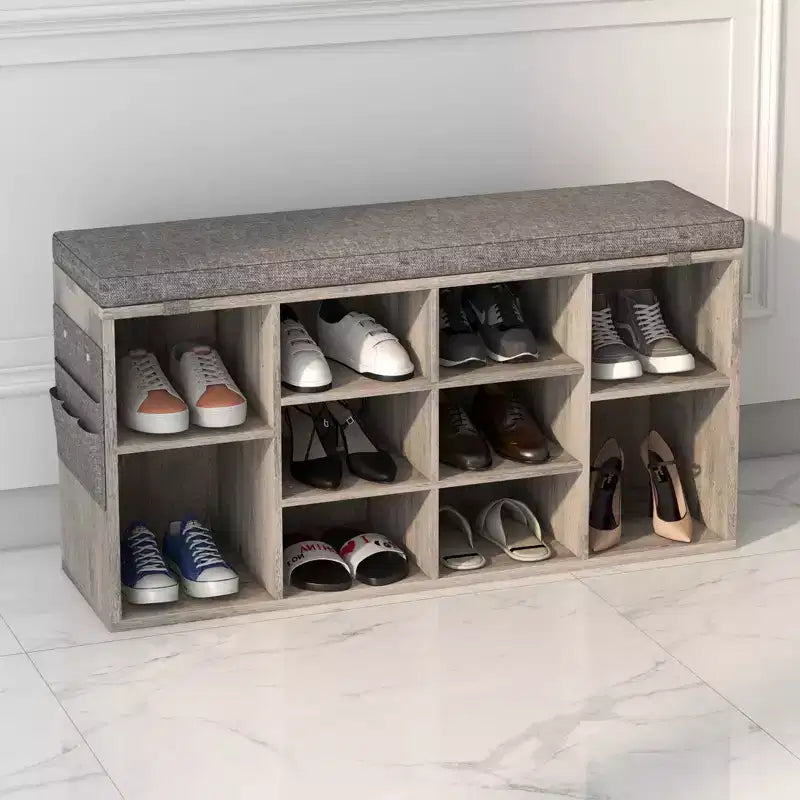 Panca porta scarpe da 104 cm con 10 scomparti, cuscino e tasca laterale