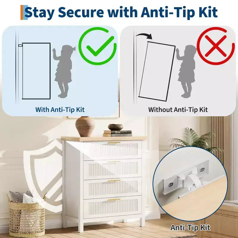 Comò scanalato alto 89,9 cm con 4 cassetti per camera da letto e soggiorno