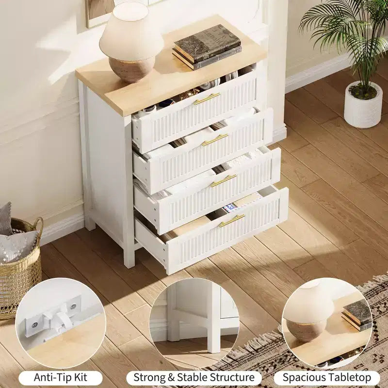 Comò scanalato alto 89,9 cm con 4 cassetti per camera da letto e soggiorno