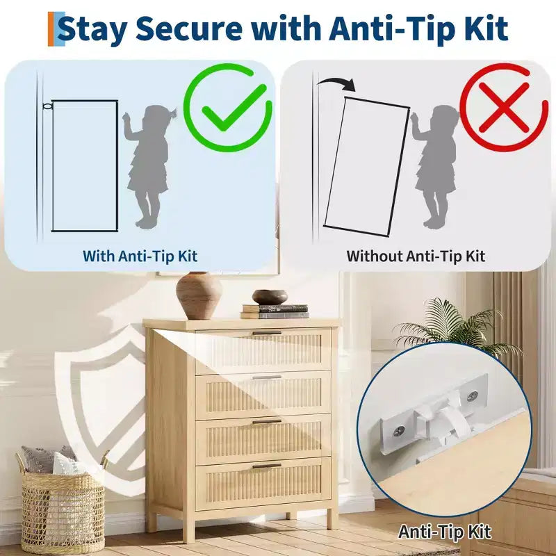 Comò scanalato alto 89,9 cm con 4 cassetti per camera da letto e soggiorno