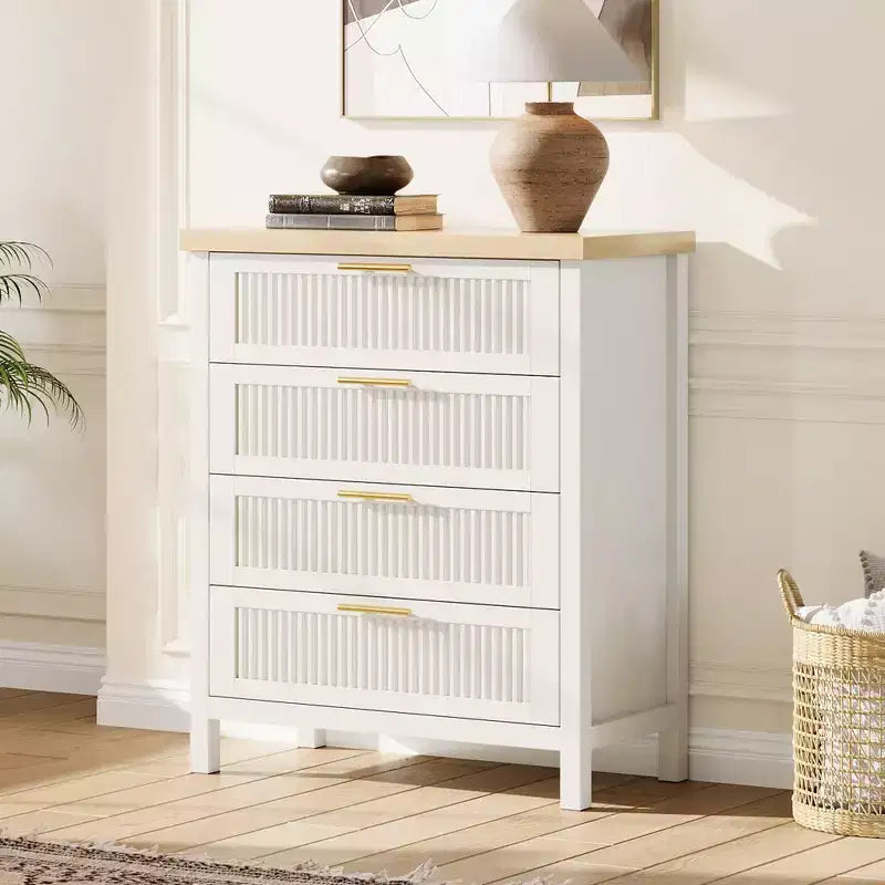 Comò scanalato alto 89,9 cm con 4 cassetti per camera da letto e soggiorno