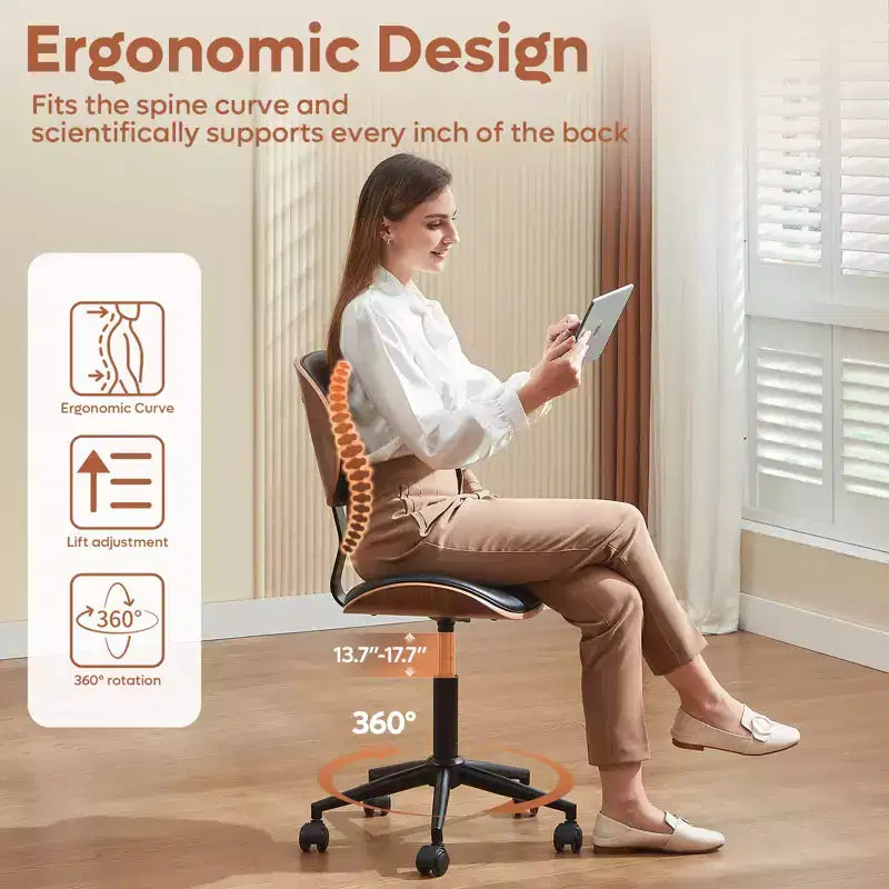 Sedia da scrivania ergonomica senza braccioli con supporto lombare, in pelle PU, regolabile in altezza