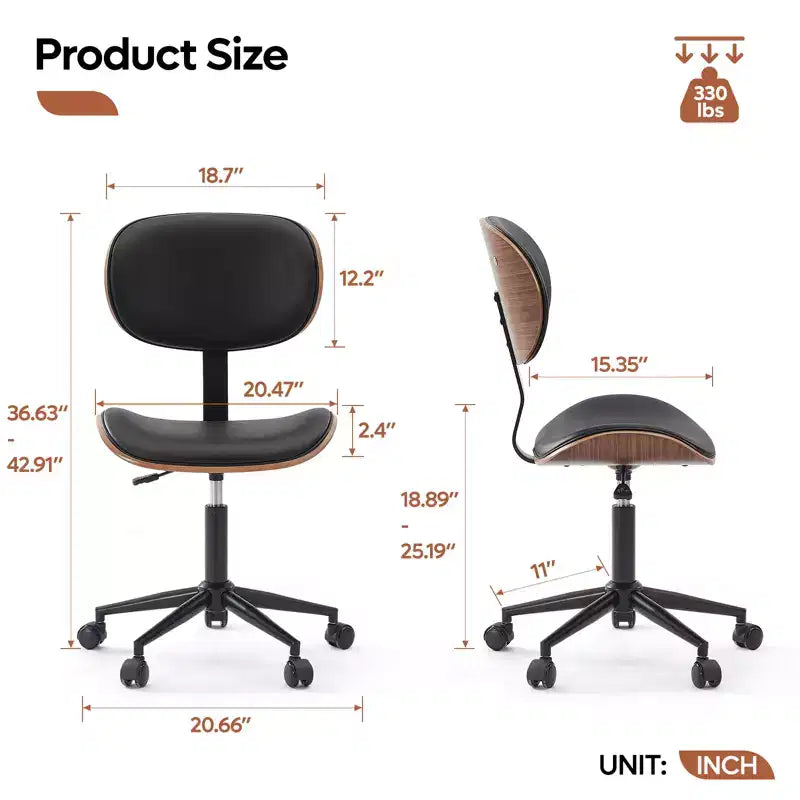 Sedia da scrivania ergonomica senza braccioli con supporto lombare, in pelle PU, regolabile in altezza