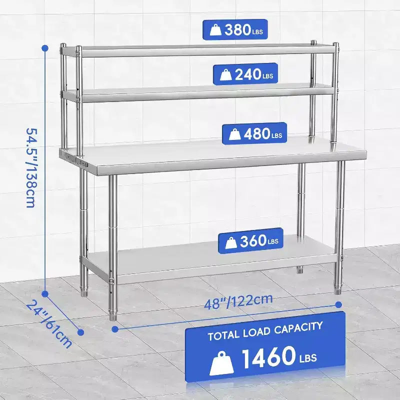 Tavolo da preparazione commerciale in acciaio inossidabile 48x24 pollici con 4 ripiani e ganci