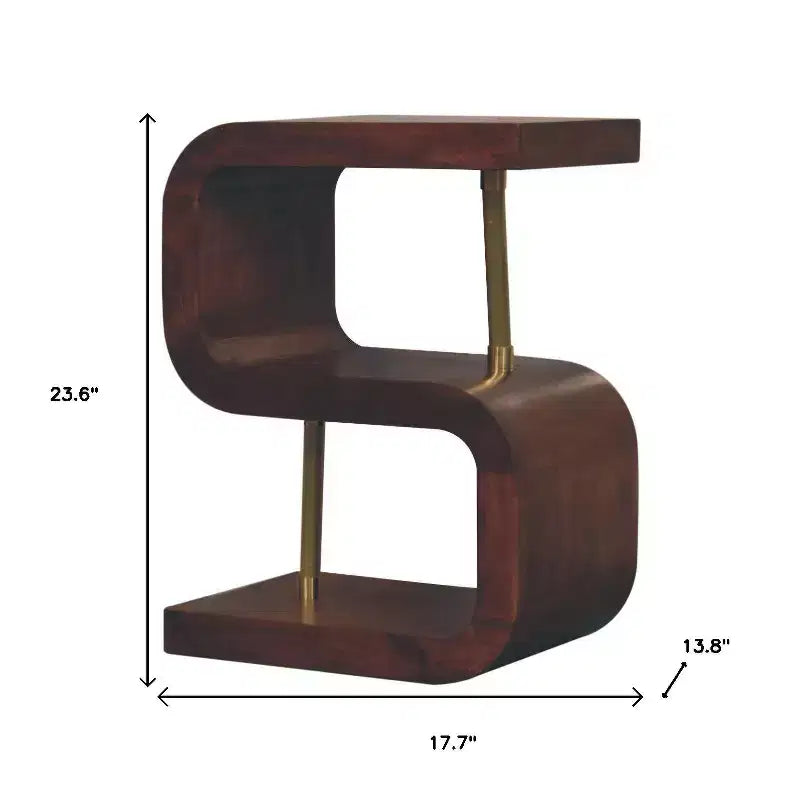 Comodino curvo in legno massello color castagno e oro da 60 cm