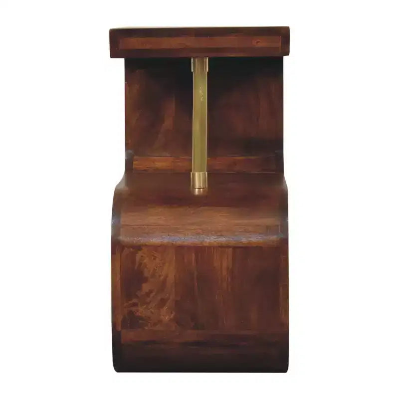 Comodino curvo in legno massello color castagno e oro da 60 cm